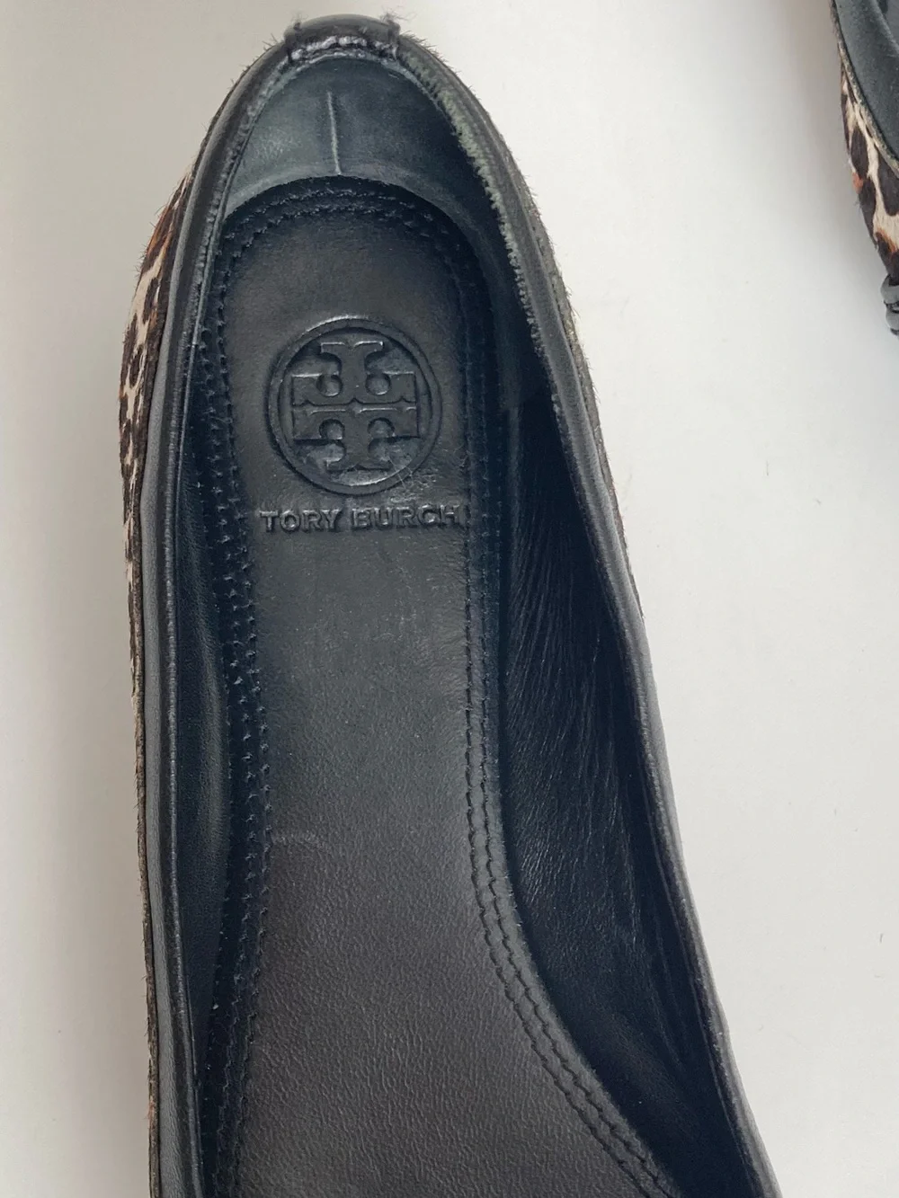 Tory Burch Eloise Black Leather & Leopard Print Cap-Toe Ballet Flats